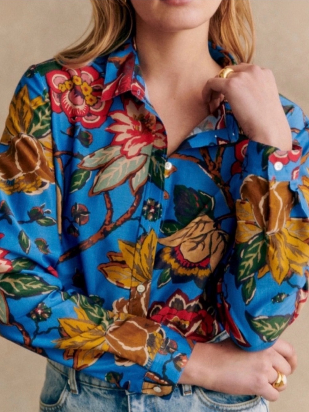 Sézane Pierro Blue Maxi Flowers Cotton Silk Shirt Size 38 US 6